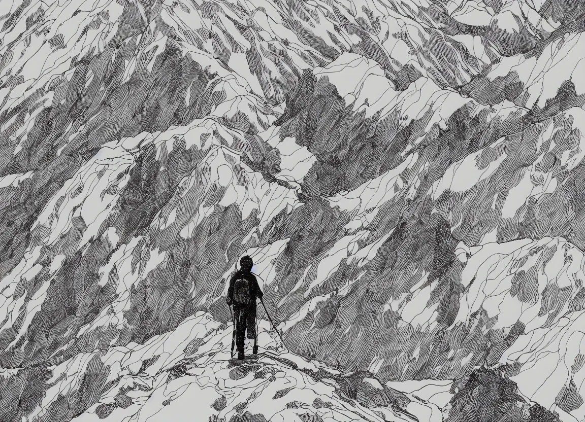 Prompt: backpacker standing on ridgeline in utah, minimalist line art by moebius, clean long lines, ultra detailed