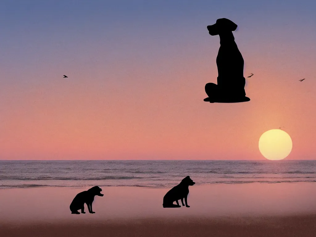 Prompt: hyperrealism a black dog in a brown hat and looking at a seagull, sitting on the beach, sunset