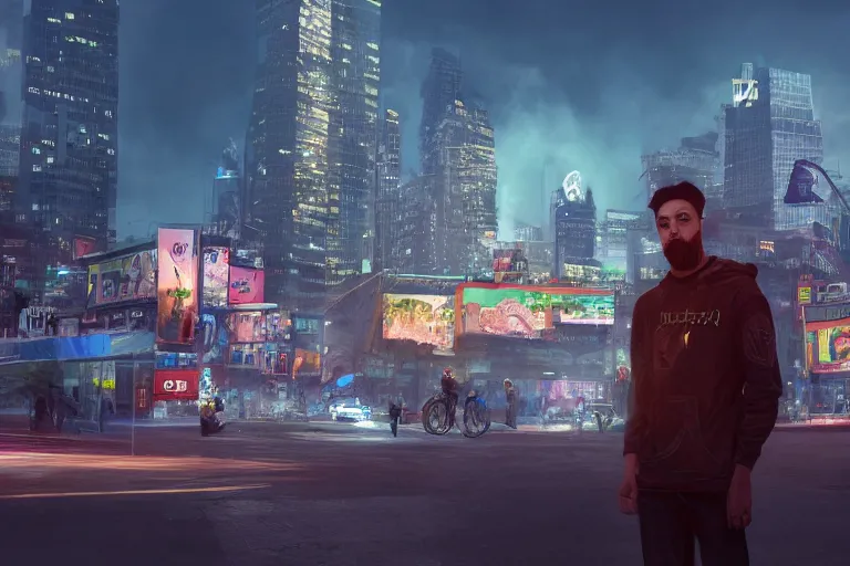 Prompt: hyperrealistic portrait of soyjak, lit in a dawn light, busy city on background, trending on artstation,ultrawide angle, f8 , polarizer , unreal engine