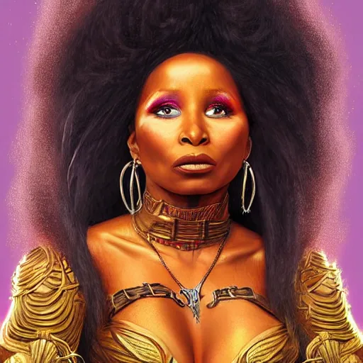 Image similar to digital painting of chaka khan by filipe pagliuso and justin gerard, symmetric, fantasy, highly, detailed, realistic, intricate