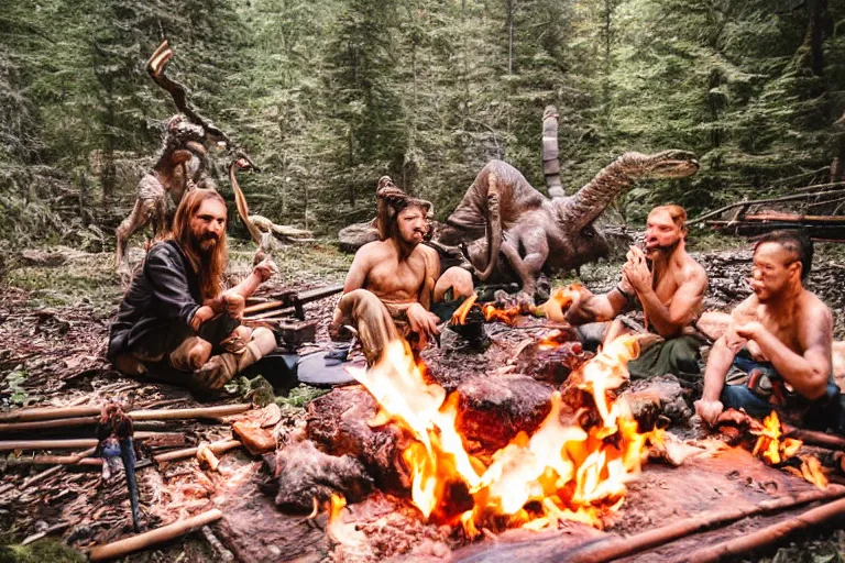 Prompt: sigma 8 5 mm, photo, neanderthal people eating sushi, surrounded by dinosaurs!, gigantic forest trees, sitting on rocks, bonfire, close up camera on bonfire level