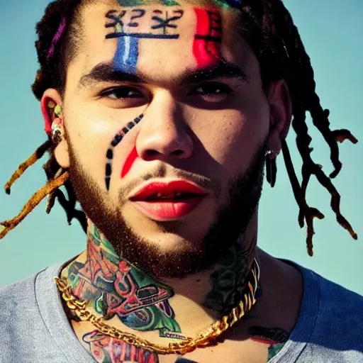 Prompt: jesus as the rapper 6 ix 9 ine, tatoos on face, golden chains
