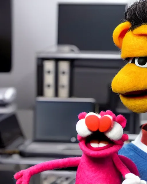 Image similar to oscar nunez as a muppet in the office. highly detailed felt. hyper real photo. 4 k.