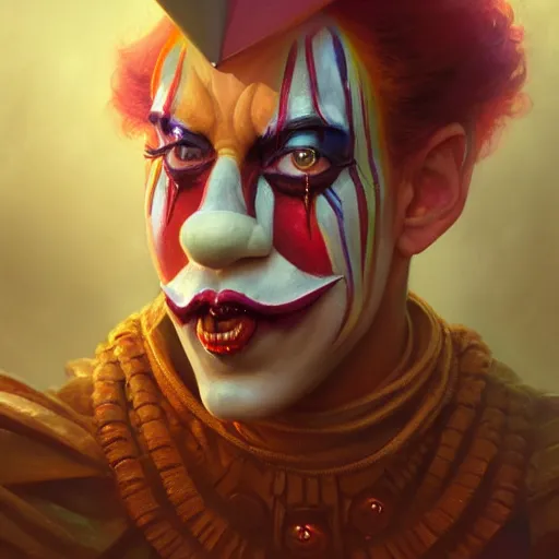 Prompt: Xenu in clown makeup, closeup, D&D, fantasy, intricate, elegant, highly detailed, digital painting, artstation, concept art, matte, sharp focus, illustration, hearthstone, art by Artgerm and Greg Rutkowski and Alphonse Mucha