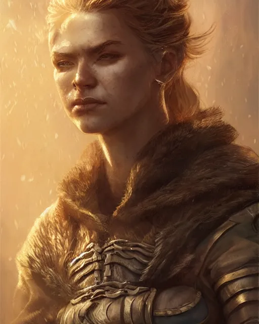 Image similar to the elder scrolls vi, charismatic rugged female nord warrior portrait, illustration, rim light, top light, perfectly shaded, golden hour, epic, intricate, soft painting, art by ross tran, krenz cushart and wenjun lin