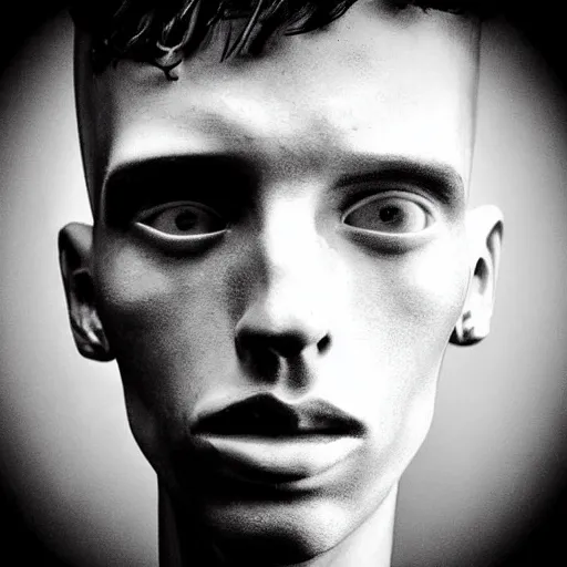 Image similar to “a realistic detailed photo of a guy who is an attractive humanoid who is half robot and half humanoid, who is a male android, rapper Machine Gun Kelly, shiny skin, posing like a statue, blank stare”