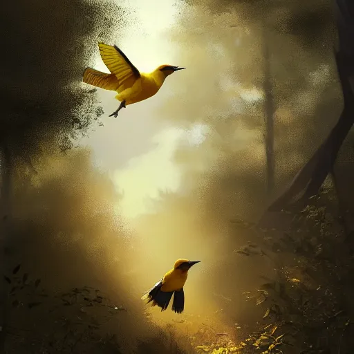 Prompt: spanish golden oriole flying in avila pinewood, 4 k, concept art, by wlop, ilya kuvshinov, artgerm, krenz cushart, greg rutkowski, pixiv. cinematic dramatic atmosphere, sharp focus, volumetric lighting, cinematic lighting, studio quality