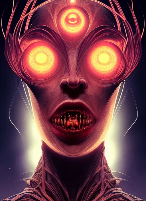 Prompt: symmetry!! portrait of grotesque alien, sci - fi, glowing lights!!, horror, intricate, elegant, dark design, highly detailed, dark lighting, digital art, digital painting, artstation, smooth, sharp focus, illustration, art by artgerm and h r giger and greg rutkowski and alphonse mucha, 8 k