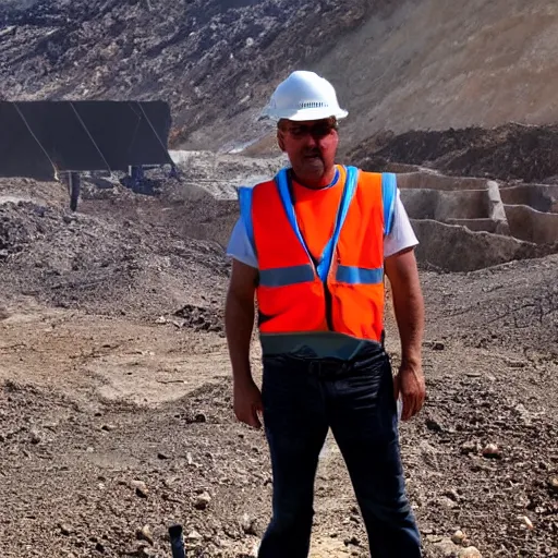 Prompt: photo, close up, salma hayek in a hi vis vest, in dusty open pit mine, android cameraphone, 2 6 mm,