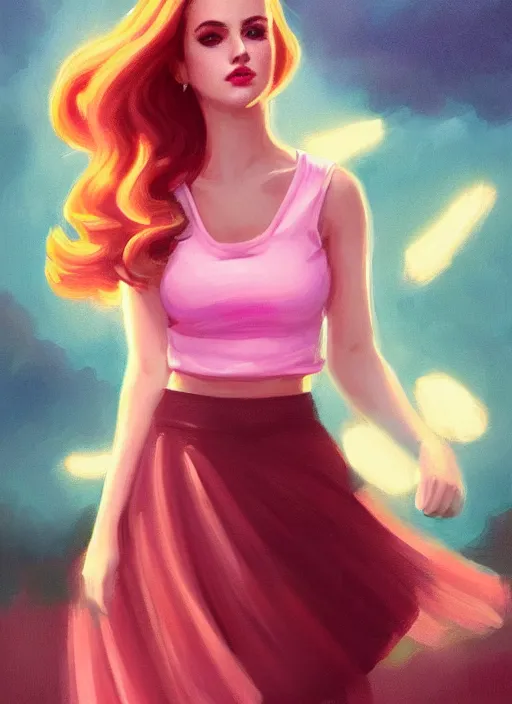 Image similar to full body portrait of teenage cheryl blossom, bangs, green eyes, sultry expression, red hair, sultry smirk, bangs and wavy hair, pink skirt, chubby, intricate, elegant, glowing lights, highly detailed, digital painting, artstation, concept art, smooth, sharp focus, illustration, art by wlop, mars ravelo and greg rutkowski