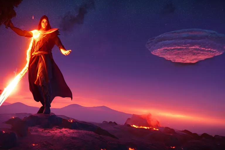 Prompt: levitating sorcerer wielding a sword, opening a shining portal, night sky, horizon of an erupting volcano, unreal engine