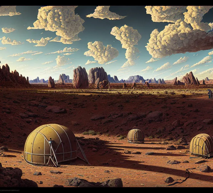 Prompt: the 🛰💥 site at a 🏜 dry river bed by ivan shishkin and zacharias aagaard and simon stalenhag and escher, chiaroscuro, tonalism, sfumato, high saturation, high contrast, vibrant, 🦿 👨💻👩🚒🧑🔧🌵🌇