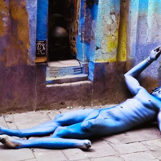 Prompt: blue bodied lord shiva lying drunk on the street