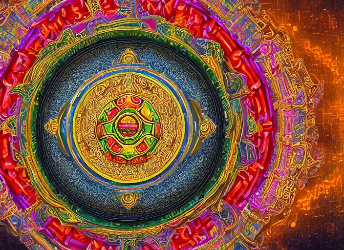 Image similar to hyperrealism, detailed textures, photorealistic 3 d render, a coloured beautiful mystical tibetan kalachakra mandala with sanskrit writing, ultra realistic, ultra high pixel detail, cinematic, intricate, cinematic light, concept art, illustration, art station, unreal engine 8 k