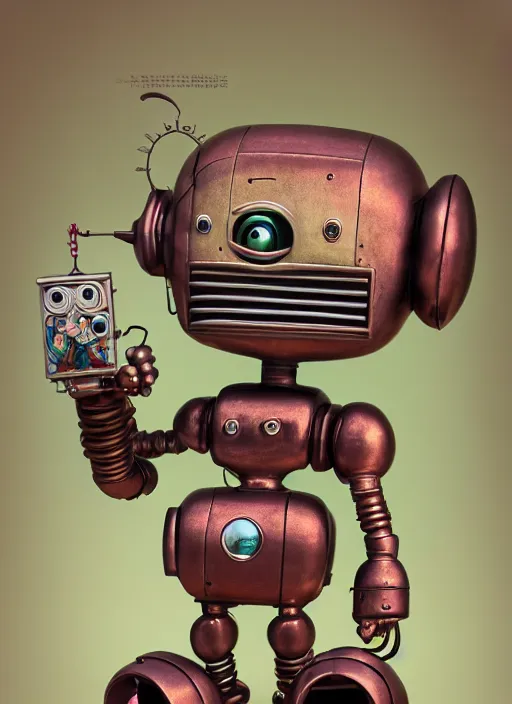 Prompt: highly detailed closeup portrait of a cute tin toy retro robot, nicoletta ceccoli, mark ryden, lostfish, earl nore, hyung tae, frank frazetta, global illumination, god rays, detailed and intricate environment