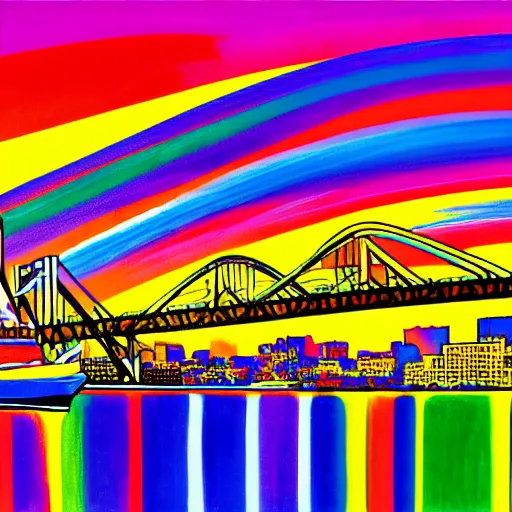 Image similar to san diego skyline, coronado bridge, painted in peter max style, 8 k