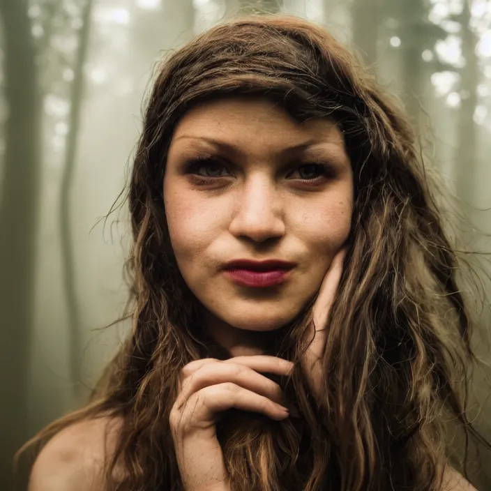 Prompt: a closeup Portrait of a harpy in a foggy forest, by Omar Z. Robles, CANON Eos C300, ƒ1.8, 35mm, 8K, medium-format print