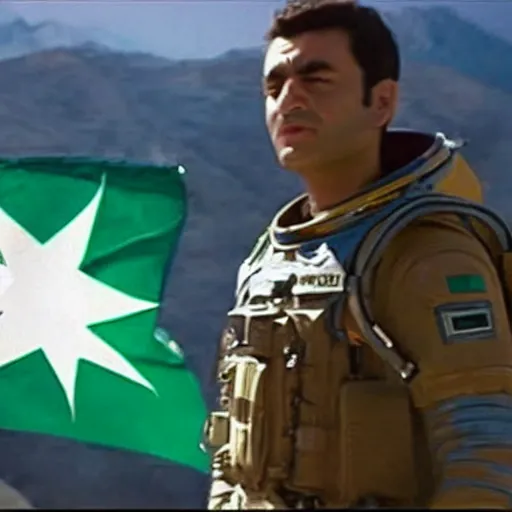 Image similar to kurdish astronaut holding a kurdistan flag in a movie directed by christopher nolan, movie still frame, promotional image, imax 7 0 mm footage