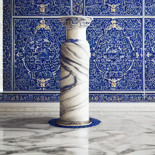 Image similar to An ornate baroque vase breaking on the marble tile floor, exploding into dust, dark-blue light-blue gold silver white black beige, volumetric dust rays, intricate detail, ultra realistic, cinematic lighting, moody, wet, shiny