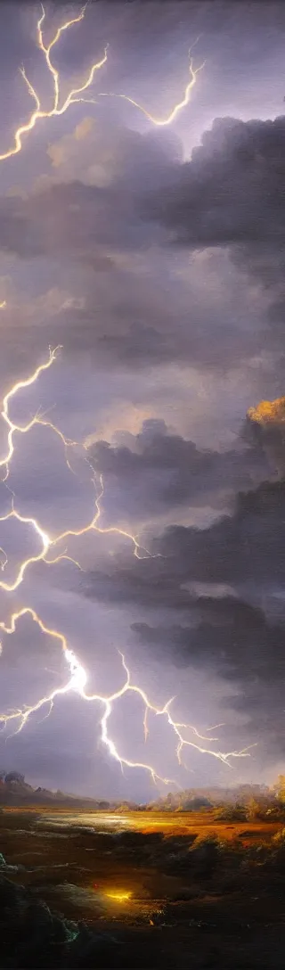 Prompt: lightning in the distance epic landscape painting ultrawide