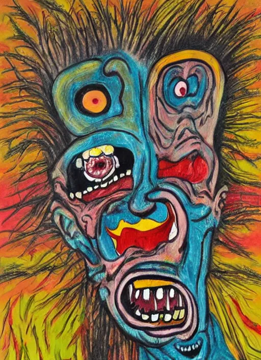 Image similar to a crazy horror portrait of art brut monster, which has weird stretched out eyes and a misshapen mouth, chaotic fulcolor background, art brut by a psycho man, color crazy outsider art bad painting