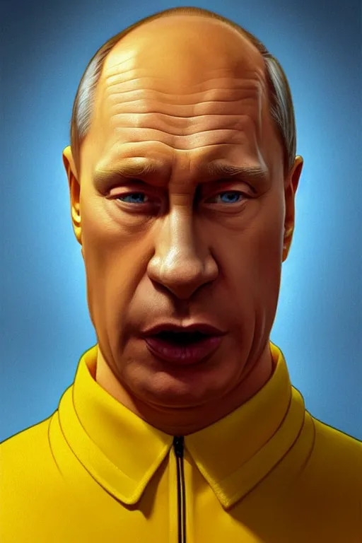 Image similar to vladimir putin as a yellow funny homer simpson, realistic portrait, symmetrical, highly detailed, digital painting, artstation, concept art, smooth, sharp focus, illustration, cinematic lighting, art by artgerm and greg rutkowski and alphonse mucha