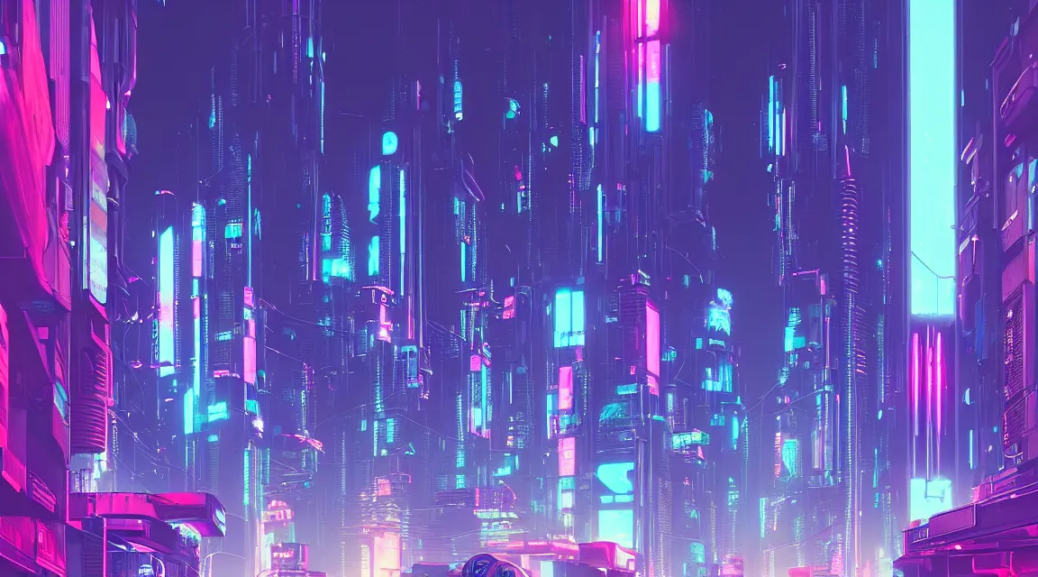 Prompt: street view of futuristic cyberpunk city at night with neon lights, retro. james gilleard. cyberpunk art by stephan martiniere, cgsociety, ring towers, line art, retrofuturism, retrowave, futuristic, zaha hadid, beeple