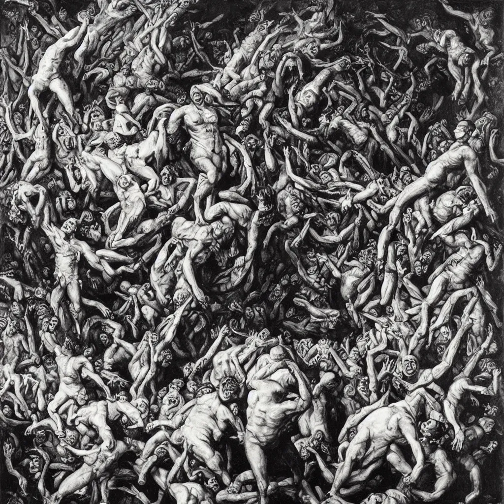 Prompt: Richard Dean Anderson as the Dictator of a socialist state surrounded by the stairway of hell. Surrealist painting by Gustave Courbet, Michiel Shrijver and M.C. Escher.