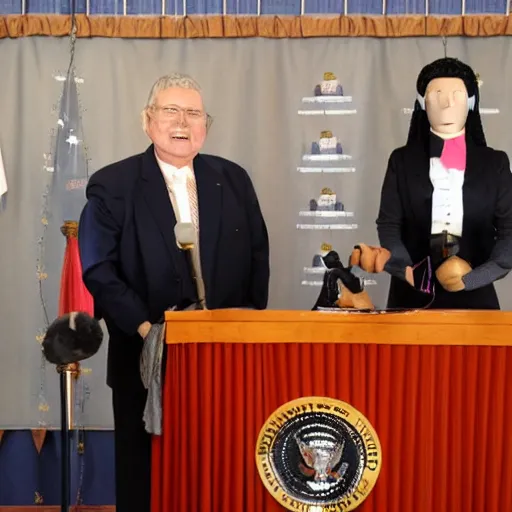 Image similar to president marionette with puppeteer in a podium giving a press conference