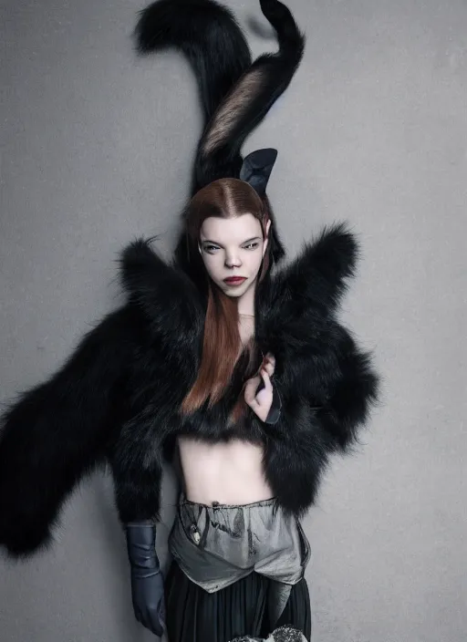 Prompt: full body environmental portrait photo of dressed catgirl anya taylor - joy, cat ears, fur, glamour shot by gemmy woud - binnendijk, chris knight, photorealistic, canon r 3, high fashion photography, elegant, luxury and elite, symmetry, octane render, unreal engine, solid dark grey background, dramatic lights