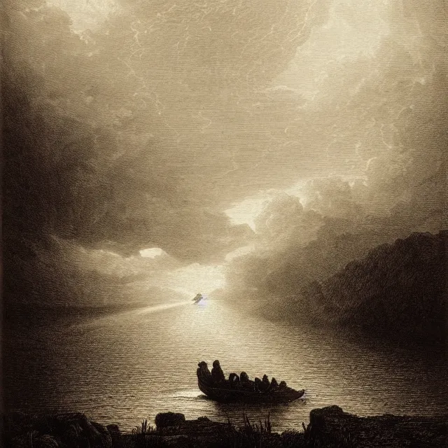 Image similar to an engraving of jesus in a river by gustave dore, caspar david friedrich, foggy, depth, strong shadows, stormclouds, illuminated focal point, highly detailed