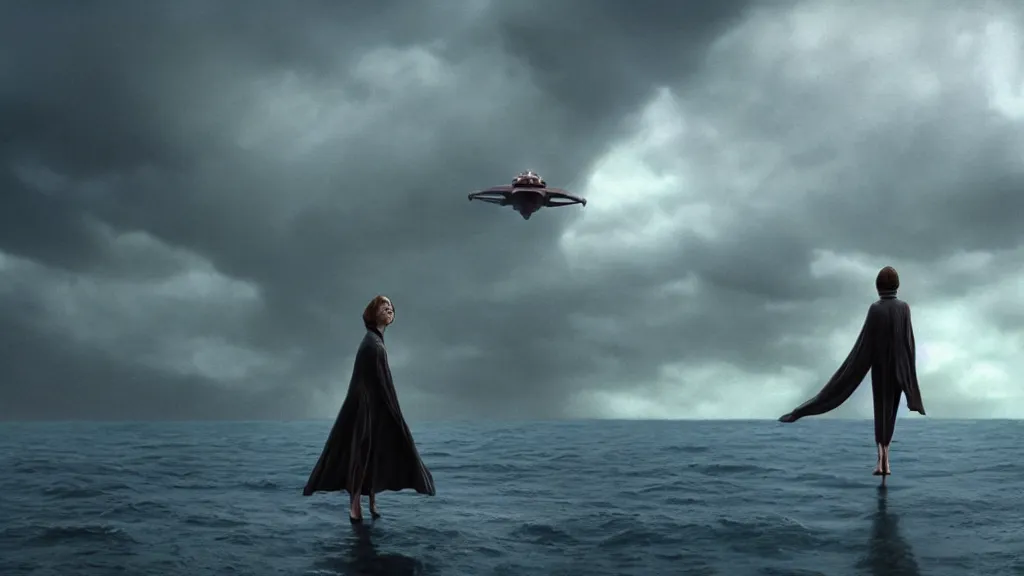 Image similar to photo of Helen McCrory coming out of the ocean, extreme detailed face, spaceship flying on the background, film still from the movie directed by Denis Villeneuve with art direction by Zdzisław Beksiński, wide lens