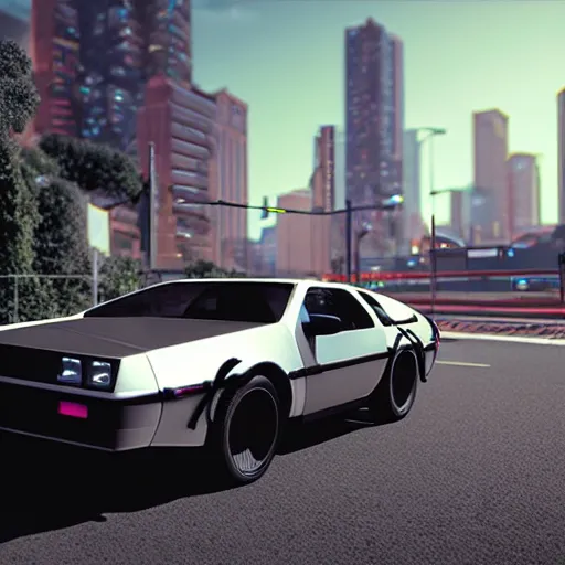 Image similar to point perspective illustration, neon city photorealistic render unreal engine 5, delorean hovers in the foreground