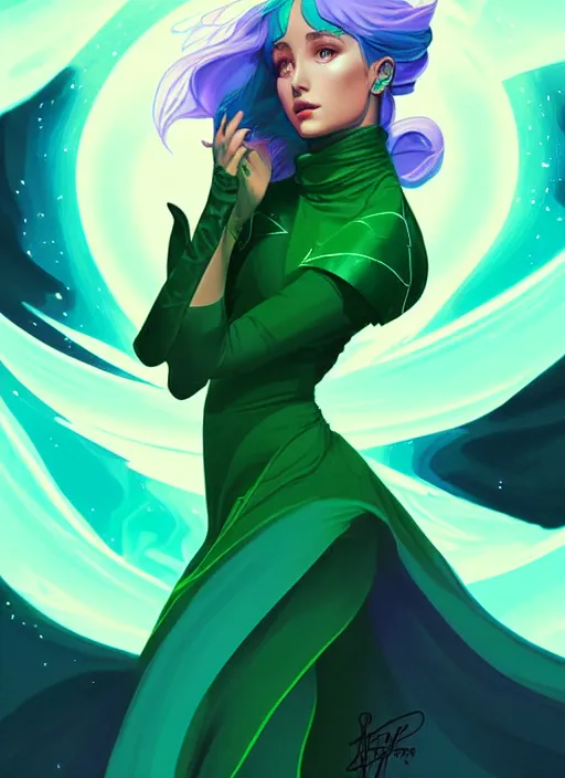 Image similar to style artgerm, joshua middleton, illustration, ariana grande as a high priestess wearing green pelt light armor, blue hair, swirling water cosmos, fantasy, dnd, cinematic lighting