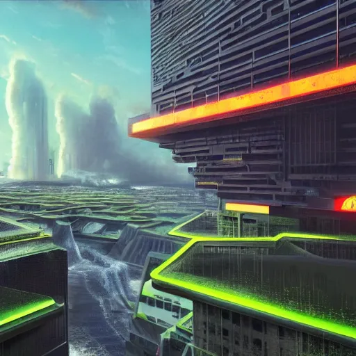 Image similar to future city made from bright concrete and steel, metropolis, brutalist, waterways, waterfalls, dramatic clouds, neon green lava streets, god rays, digital art, landscape, fantasy art, octane render, pop art, ureal engine, high detail, very realistic, by greg rutkowski. by simon stalenhag