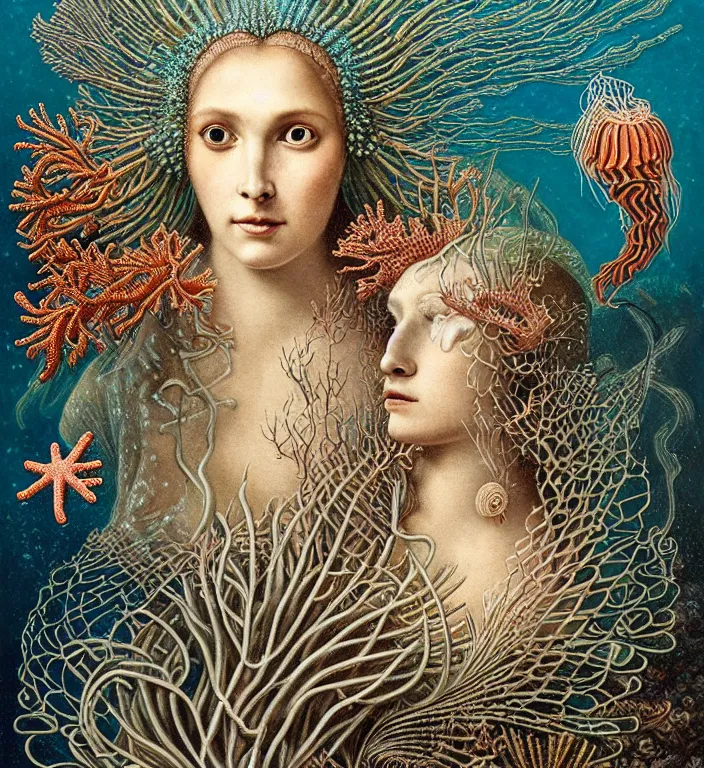 Image similar to realistic detailed underwater portrait of the goddess of the fish of the three times with an intricate headdress of corals, sea kelp, sea plants, fish, jellyfish, art by archimboldo and ernst haeckel, face in focus in the middle, neo - gothic, gothic,