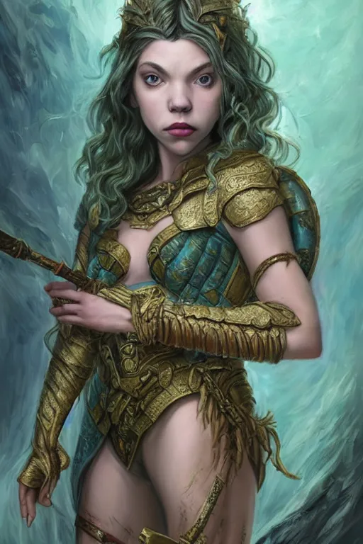 Image similar to A fantasy comic book style portrait painting of Cory Chase, hybrid, Anya Taylor-Joy, as an Atlantean Reptilian Warrior, François Boucher, Oil Painting, Mystical, Modest, Valkyrie, wearing intricately designed, jewel inlaid Armor, unreal 5, DAZ, hyperrealistic, octane render, Regal, Refined, Detailed Digital Art, RPG portrait, William-Adolphe Bouguereau, Michael Cheval, Walt Disney (1937), Steampunk, dynamic lighting, Highly Detailed, Cinematic Lighting, Unreal Engine, 8k, HD