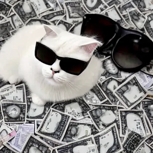 Prompt: a white Scottish fold cat wearing Raybans Sunglasses sitting on a pile of $100 bills,