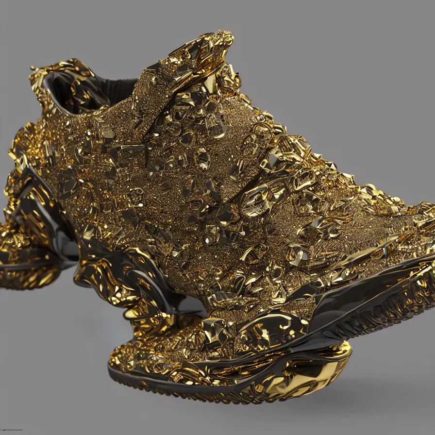 Image similar to futuristic balenciaga sneakers, nft art, highly detailed, hyper realistic, a ton of bussdown iced gold bling in wallace & gromit strata - cut claymation, ultra realistic, concept art, intricate details, serious, highly detailed, photorealistic, octane render, 8 k, unreal engine