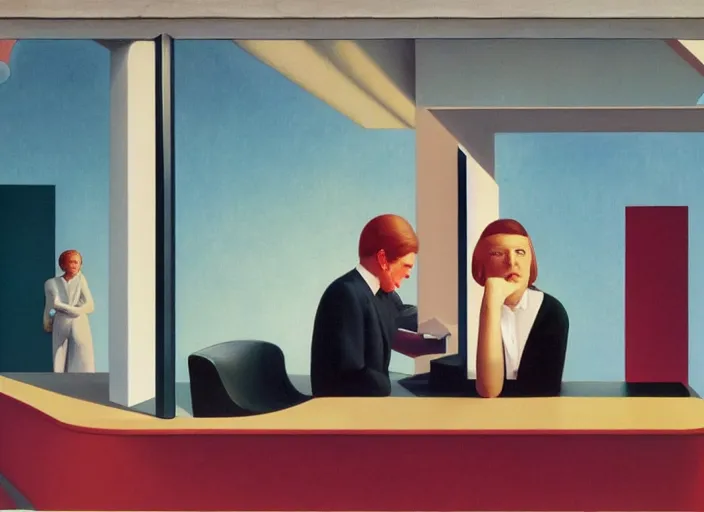 Image similar to two peculiar people with distinct personalities interacting in am urban setting, close - up of the faces : : surreal 7 0's architecture with an open ceiling, absurd designfurniture : : surrealist oil painting by edward hopper, francis bacon, dora maar and rene magritte