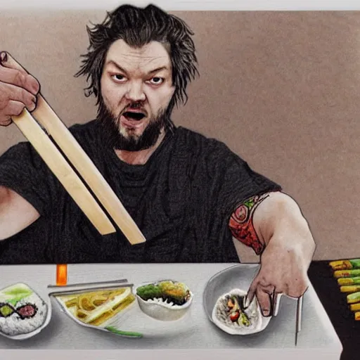 Prompt: pencil illustration of Bam Margera eating sushi with chopsticks highly detailed