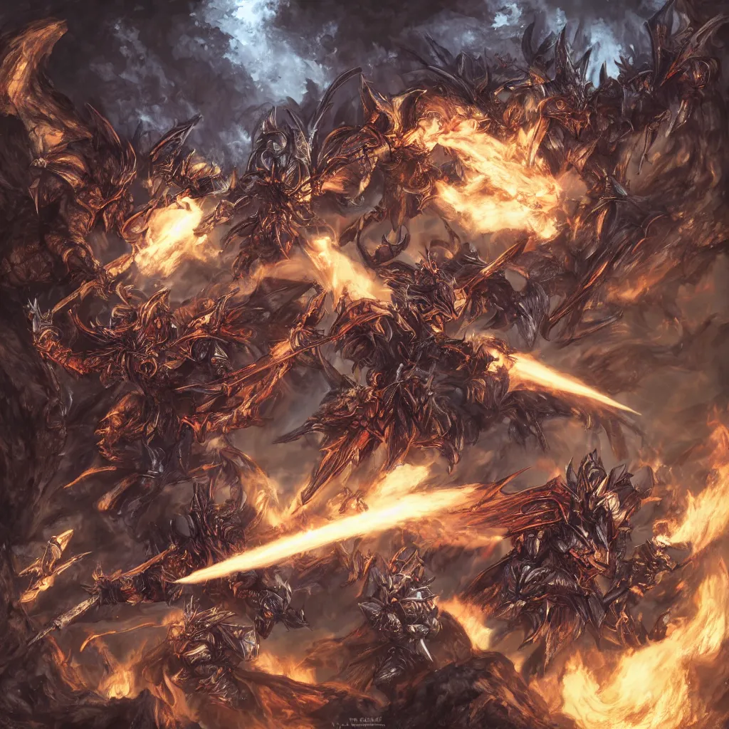 Image similar to a knight fighting bahamut from final fantasy in the woods, highly detailed, digital art, sharp focus, trending on art station, warhammer 4 0 k fantasy