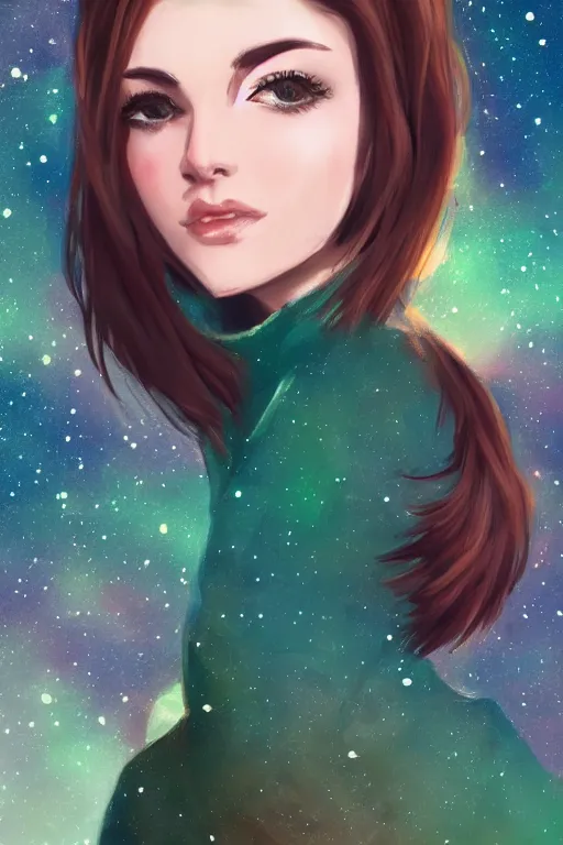 Prompt: pretty girl with short brown hair and green eyes, beautiful trees and night sky with stars and galaxies, trending on artstation