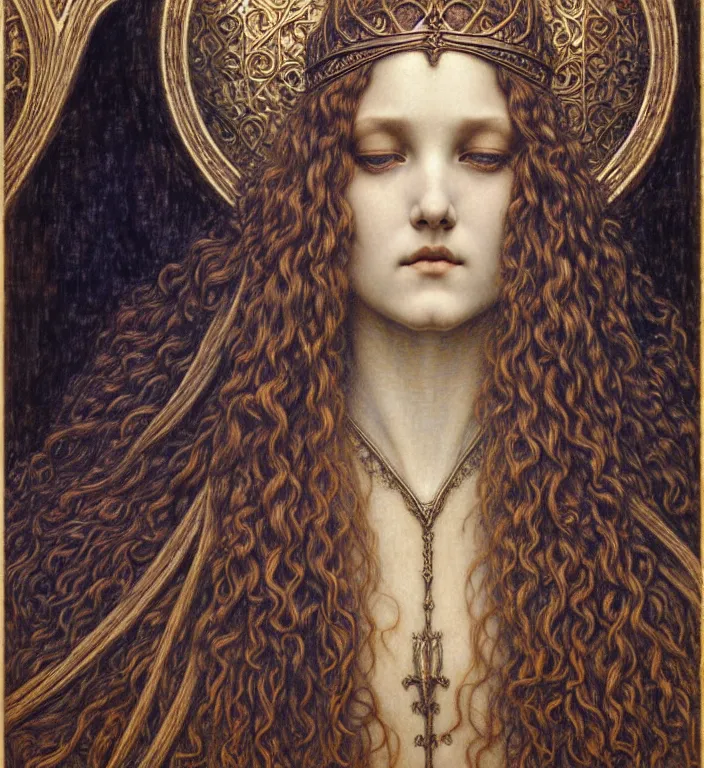 Image similar to detailed realistic beautiful young medieval queen face portrait by jean delville, gustave dore and marco mazzoni, art nouveau, symbolist, visionary, gothic, pre - raphaelite. horizontal symmetry