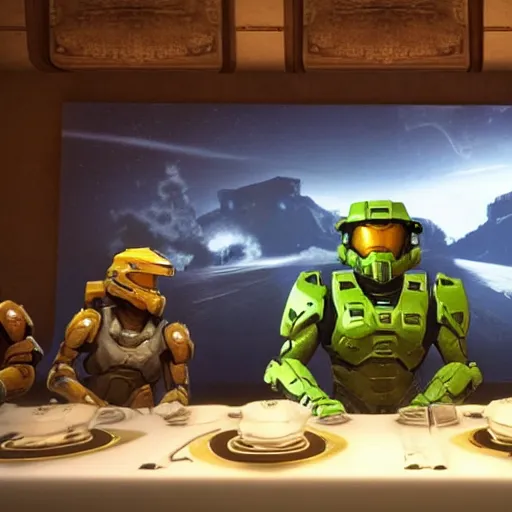 Prompt: master chief from halo sitting next to jesus during the last supper, unreal engine 5