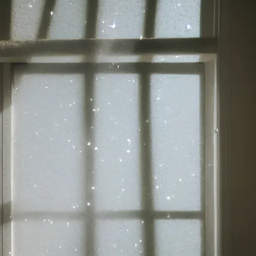 Prompt: a sunbeam filters through a partially draped window as little sparkly glinting dust floats through the sunbeam.