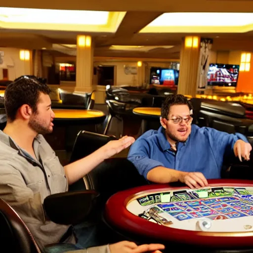 Prompt: six nerds playing video poker in las vegas