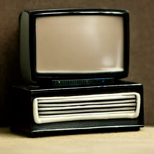 Prompt: tilt shift photo of a miniature antique tv set