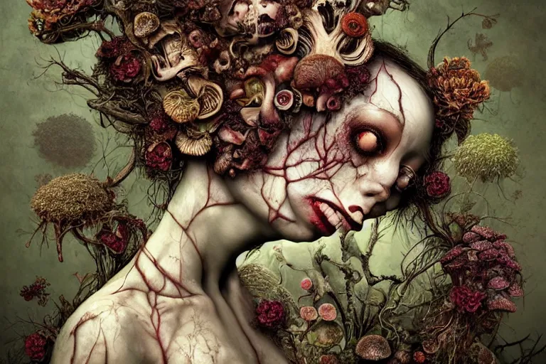 Image similar to beautiful and detailed rotten woman corpse with fractal plants and fractal flowers and mushrooms growing around, face muscles, veins, arteries, intricate, ornate, surreal, ray caesar, john constable, guy denning, dan hillier