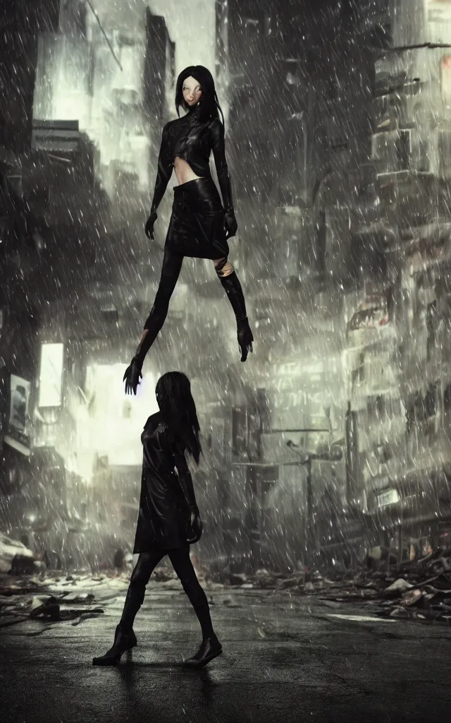 Image similar to dark hair girl dressed by rick owens walking through the remnants of destroyed shibuya, raining, cinematic lights, octane render, 4k, highly detailed, glows, smoke